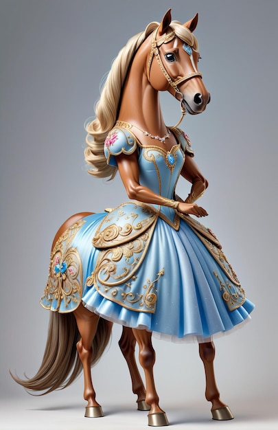 Cavallo caricatura antropomorfo indossando un abbigliamento a Cenerentola in piedi a vista del corpo intero isolato