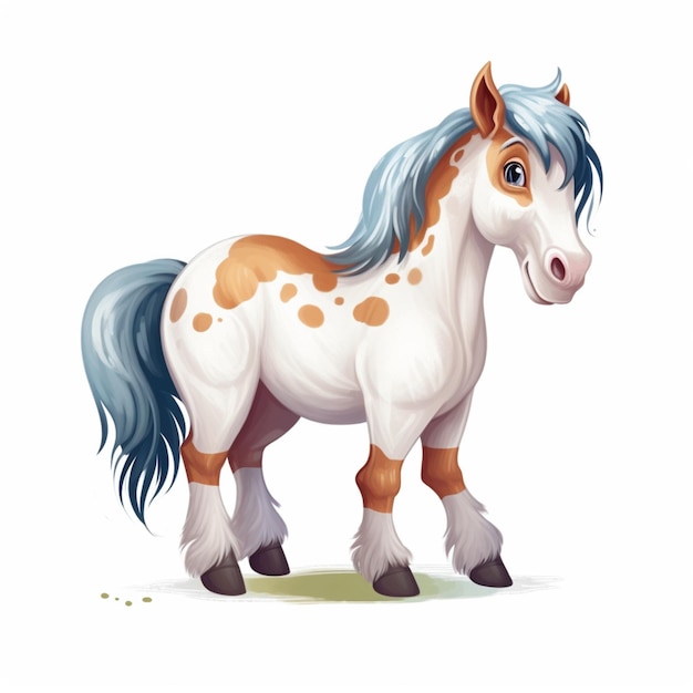 cavallo cartone animato con criniera blu e macchie bianche in piedi sull'erba ai generativa