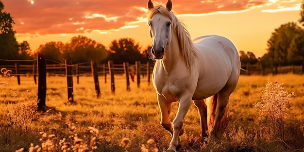 Cavallo che cammina in un campo al tramonto nello stile della descrizione