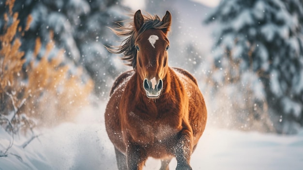 Cavallo che corre sulla neve nella foresta di inverno ai generativo