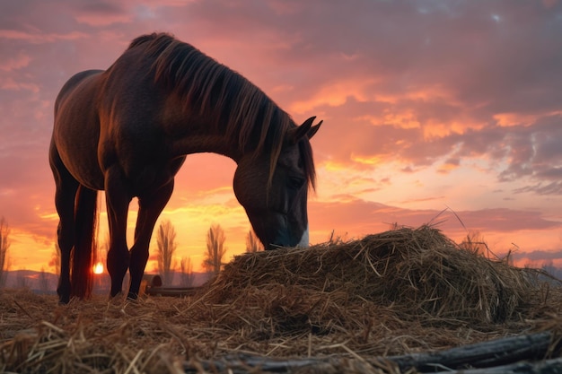 Cavallo che mangia fieno con il tramonto sullo sfondo creato con generative ai