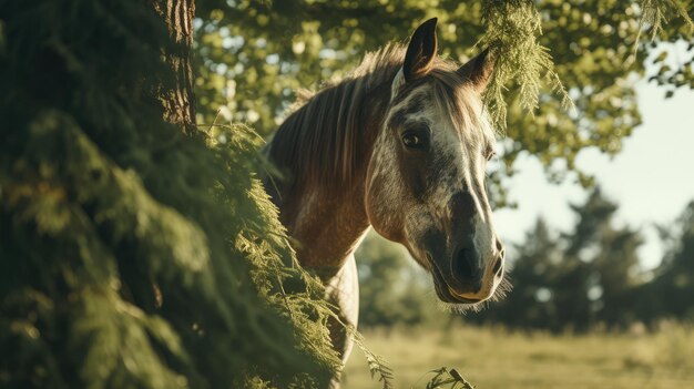 Cavallo che mangia l'erba accanto a un albero Immagine generata dall'AI