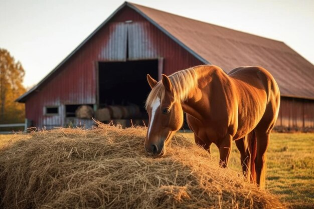 Cavallo che si gode del fieno vicino al pittoresco fienile creato con l'ai generativo