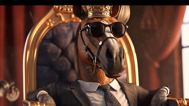 cavallo con cravatta con corona e occhiali da sole seduto su un trono AI Generative