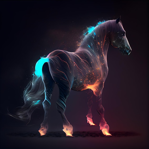 Cavallo con effetto fuoco astratto su sfondo scuro illustrazione