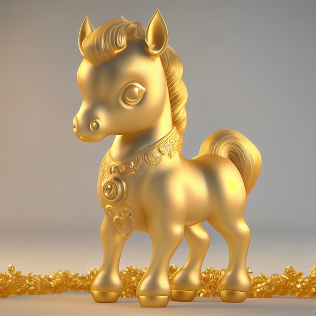 Cavallo d'oro in piedi sopra un mucchio di monete d'oro ai generativo