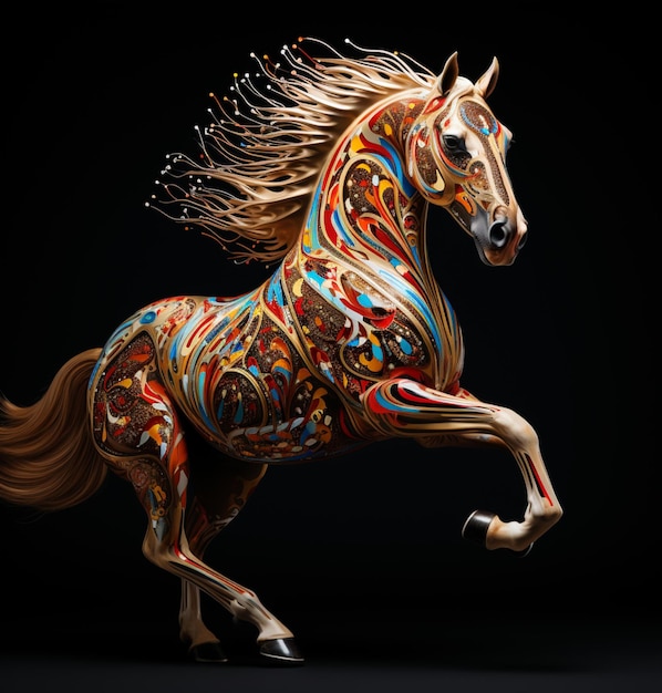 cavallo di colori vivaci con una criniera e coda che corre su uno sfondo nero