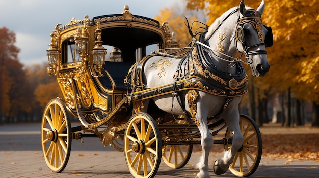 Cavallo e bella carrozza d'epoca con grandi ruote gialle isolate su bianco