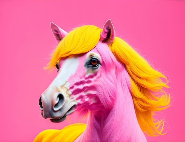 Cavallo femmina rosa con capelli gialli su sfondo rosa