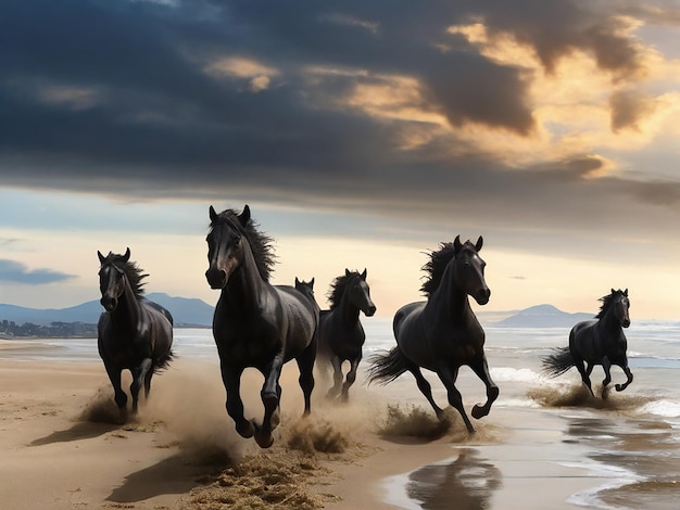 Cavallo in corsa sulla spiaggia generato con ai