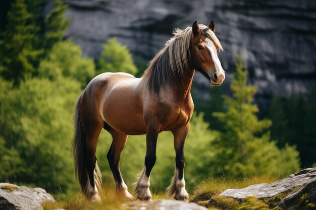 Cavallo in piedi nella natura vicino a una roccia AI generativa