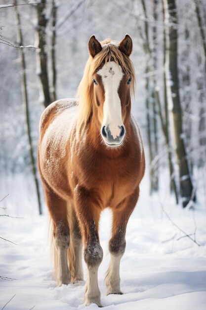 cavallo in piedi neve fondo in legno tratti facciali morbidi rossi la lunga pelliccia mostra grandi scintillii bianchi