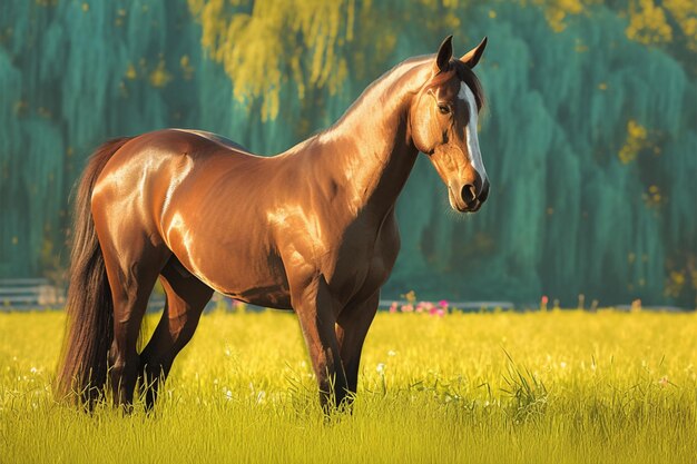 Cavallo in un ambiente erboso naturale con una vista tranquilla e pittoresca