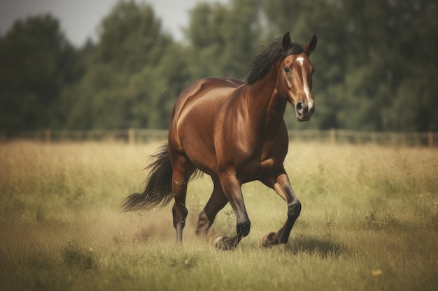 Cavallo marrone al galoppo nel campo Illustrazione AI GenerativexA