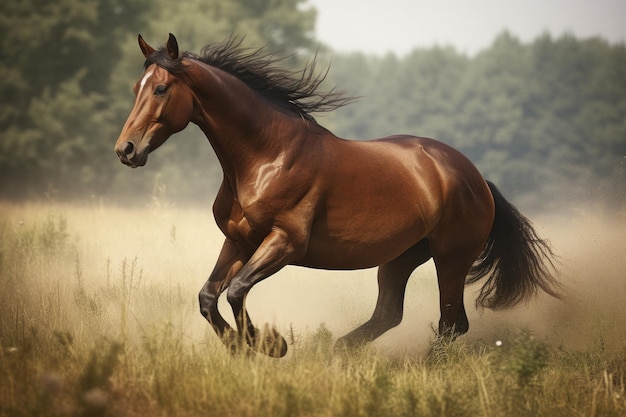 Cavallo marrone al galoppo nel campo Illustrazione AI GenerativexA