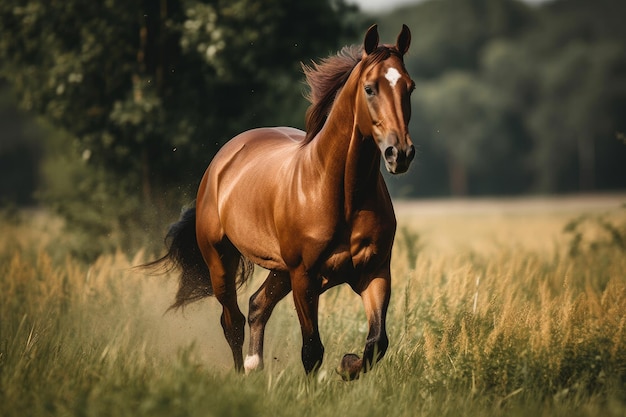 Cavallo marrone al galoppo nel campo Illustrazione AI GenerativexA