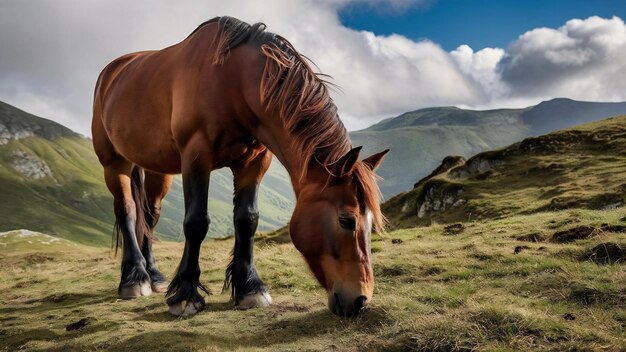 Cavallo marrone che pasca sulla montagna penas de aya in oiartzun gipuzkoa spagna