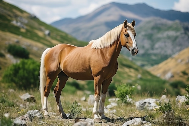 Cavallo marrone con una criniera bionda in piedi tra le montagne