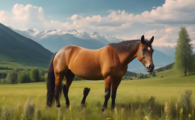 Cavallo marrone in piedi sulla cima di un campo verde lussureggiante sotto un cielo blu nuvoloso