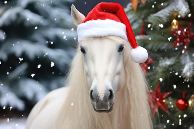 Cavallo natalizio festivo con pelliccia bianca e cappello rosso da Babbo Natale in ghirlanda, perfetto per gli auguri delle vacanze