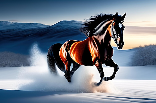 Cavallo selvaggio che corre attraverso il paesaggio innevato Opere d'arte digitali