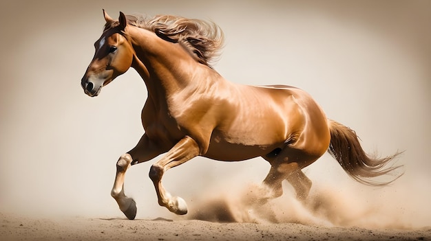Cavallo selvaggio marrone che corre nella natura sfocatura dello sfondo con molta polvere sul terreno