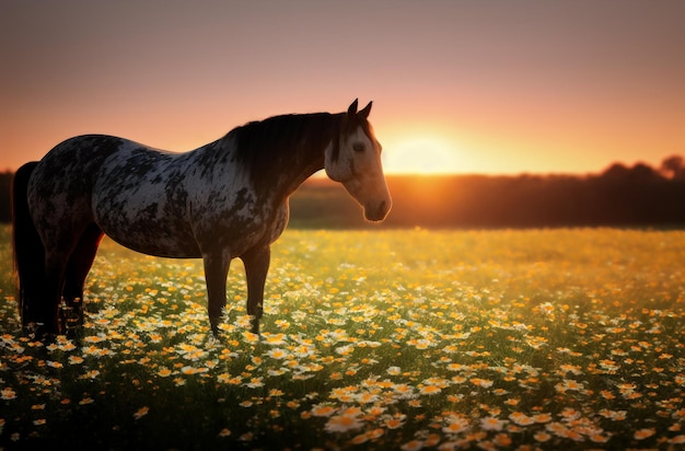 Cavallo su prato verde con margherite al tramonto Bel cavallo su erba verde con fiori selvatici camomilla Generative AI