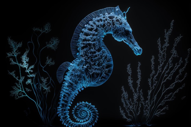 Cavalluccio marino artistico blu su sfondo nero immagine illuminata di un animale marino IA generativa