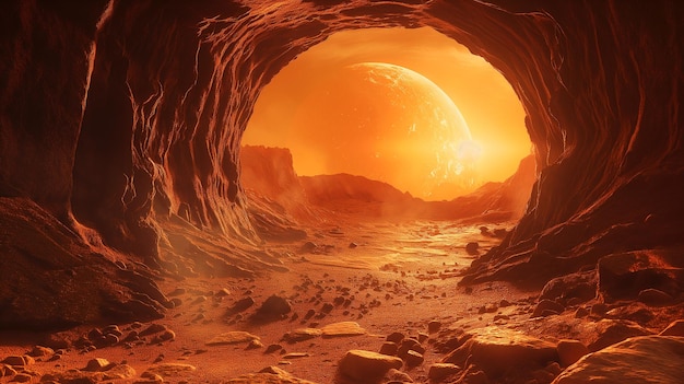 Cave View of Sunset su un mondo alieno Generative AI