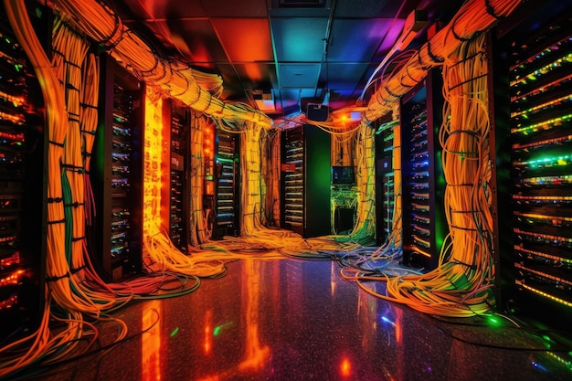 Cavi di rete collegati a server in un data center creato con generative ai