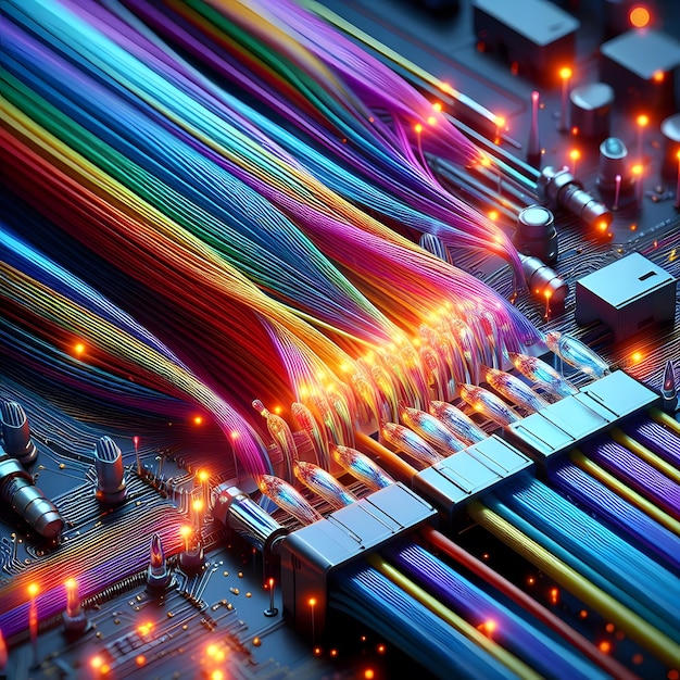 cavi elettrici colorati e fibre ottiche guidate colori intensi sfondo per l'immagine tecnologica