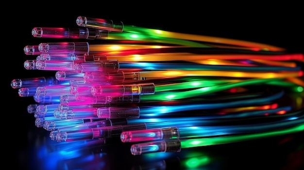 Cavi elettrici colorati e sfondo di colori intensi in fibra ottica led per l'immagine tecnologica AI generativa