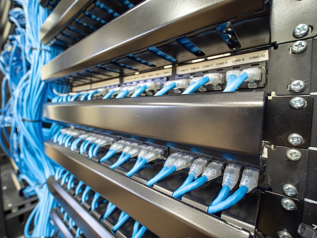 Cavi ethernet di rete e pannello di percorso nell'armadio rack