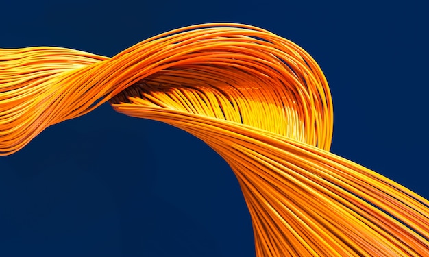 Cavi in fibra ottica di colore arancione su sfondo blu. rendering 3d