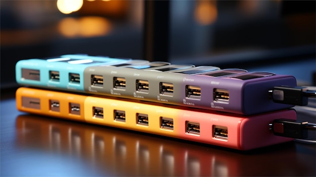 Cavi USB multicolori su un tavolo nero rendering 3D