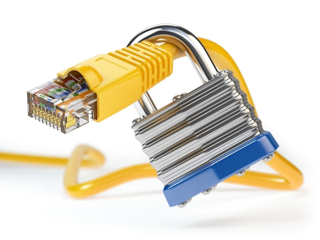 Cavo di rete Ethernet bloccato con lucchetto isolato su sfondo bianco Concetto di sicurezza Internet e protezione dei dati