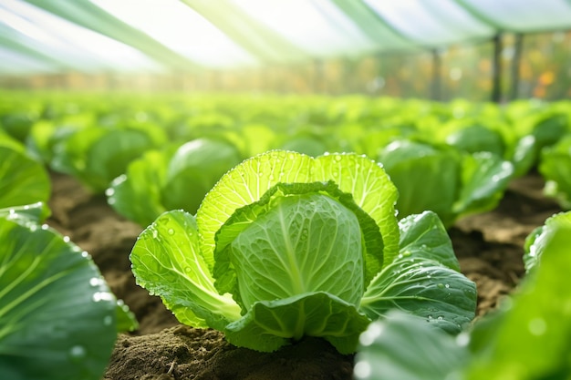 Cavoli verdi biologici in un concetto di alimentazione sana per l'agricoltura in serra