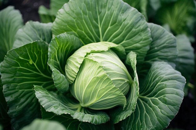 Cavolo che cresce in un giardino urbano Foglie di cavolo e primo piano della testa IA generativa