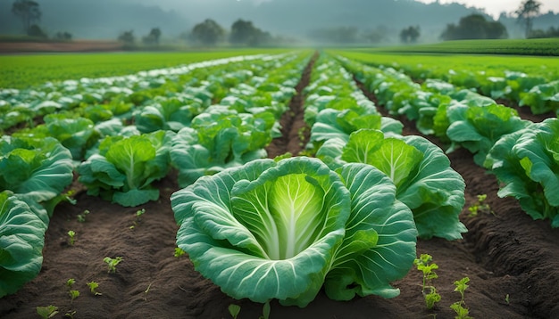 Cavolo cinese verde fresco nei campi al mattino pronto per essere raccolto