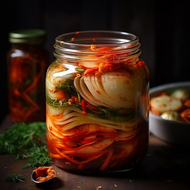 Cavolo fermentato coreano in un barattolo di vetro su uno sfondo scuro
