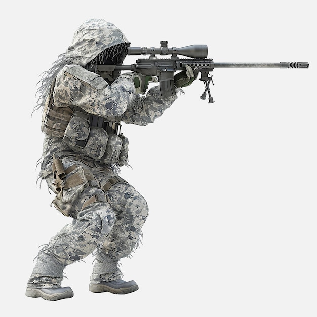 cecchino militare in camuffamento che mira un fucile su sfondo bianco