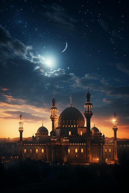 Celebrando eid al adha futuristica moschea simbolica falce di luna in blu e arancione