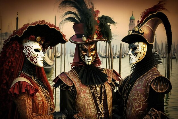 Celebrare il Carnevale a Venezia Persone in maschere e costumi festivi