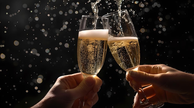 Celebrare momenti speciali con un brindisi allo champagne due mani che tengono bicchieri bolle ed eleganza acclama alla gioia AI