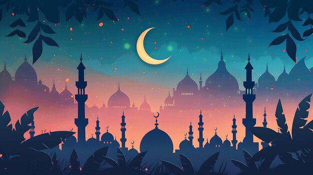 Celebrate il Ramadan in mezzo alla maestosa moschea, alla luna e al cielo stellato.