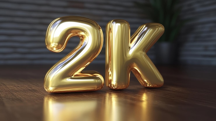 Photo celebrating 2000 followers milestone golden balloons on wooden surface