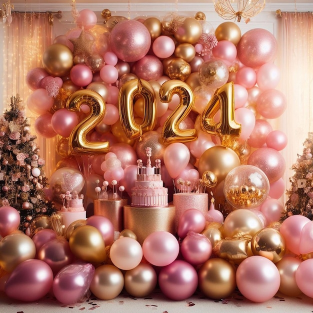 Celebrazione 4D di Capodanno nel 2024 adornata con un'abbondanza di palloncini rosa e dorati