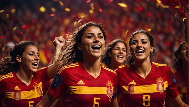 Celebrazione cinematografica del trionfo della squadra spagnola di calcio femminile in rosso e giallo