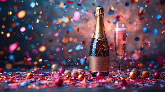 Celebrazione con bottiglia di champagne e confetti