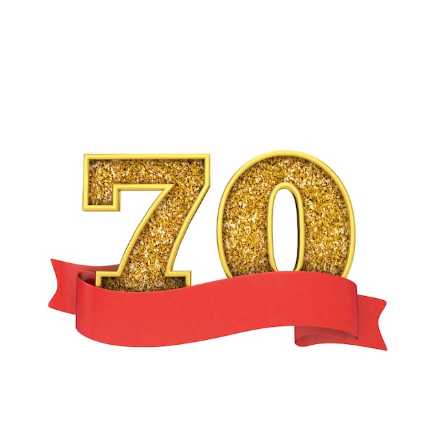 Celebrazione con glitter oro numero 70 con un banner a scorrimento rosso 3D Render